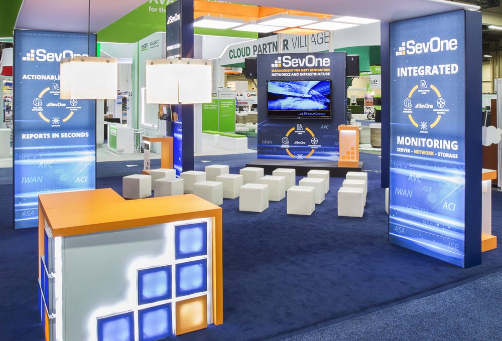 SevOne 30 x 30 custom trade show booth with lighting integration 