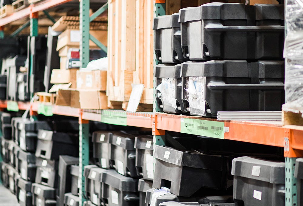 Trade show booths inside of crate storage and warehousing